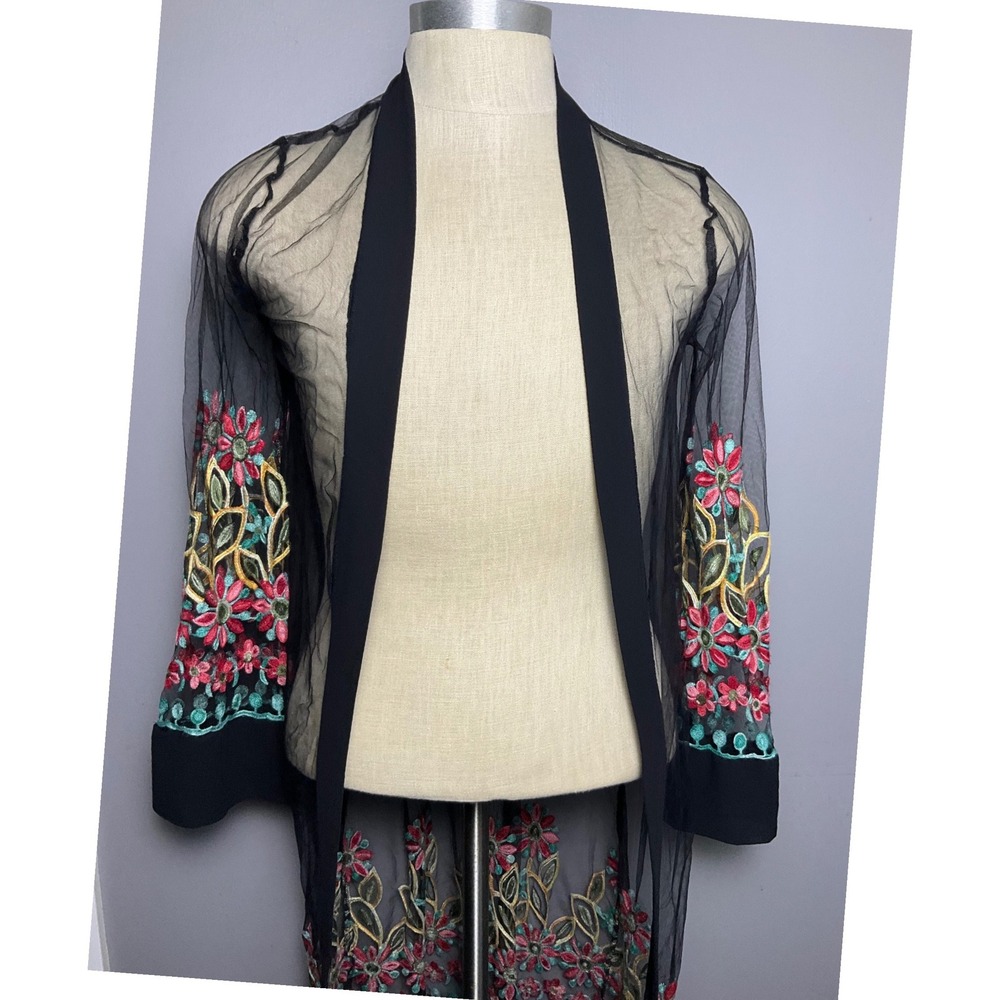 Liv Los Angeles Sheer Mesh Embroidered Floral Boho Hippie Cardigan Duster Black - Picture 2 of 4